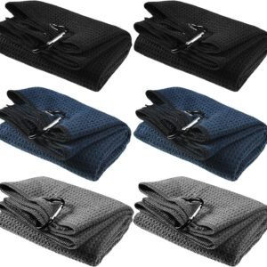 Cindeer 6 Pcs Tri-fold Golf Towel 16 x 23 Inch Microfiber Fabric Golf Towels with Heavy Duty Clip Waffle Pattern 6 Color Options(Dark Color)
