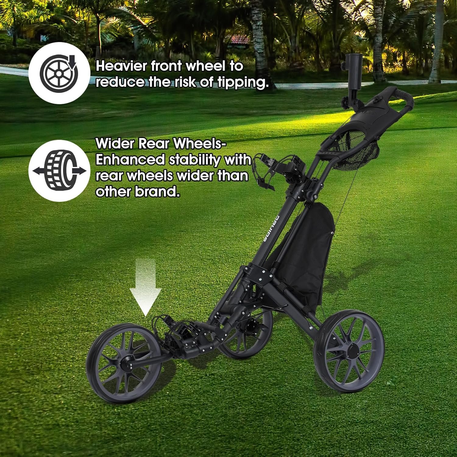 DRUIDS 3 Wheel Golf Push Cart : Lightweight Compact Golf Walking Cart with Cooler, Flat Fold Golf Trolley with Brake, Pull Behind Manual Golf Caddy with Cup Umbrella Holder 2 DRUIDS 3 Wheel Golf Push Cart : Lightweight Compact Golf Walking Cart with Cooler, Flat Fold Golf Trolley with Brake, Pull Behind Manual Golf Caddy with Cup Umbrella Holder - Image 2