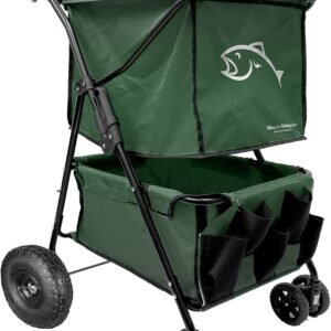 EasyGo Product Fishing Cart Wagon - Holds 5 Poles – Portable Large Air Rubber Wheels Cooler Platform Storage Pouch Folds to Fit in Trunk of Car Piers, Lakes, Rivers and Beaches Patents Pending, Green