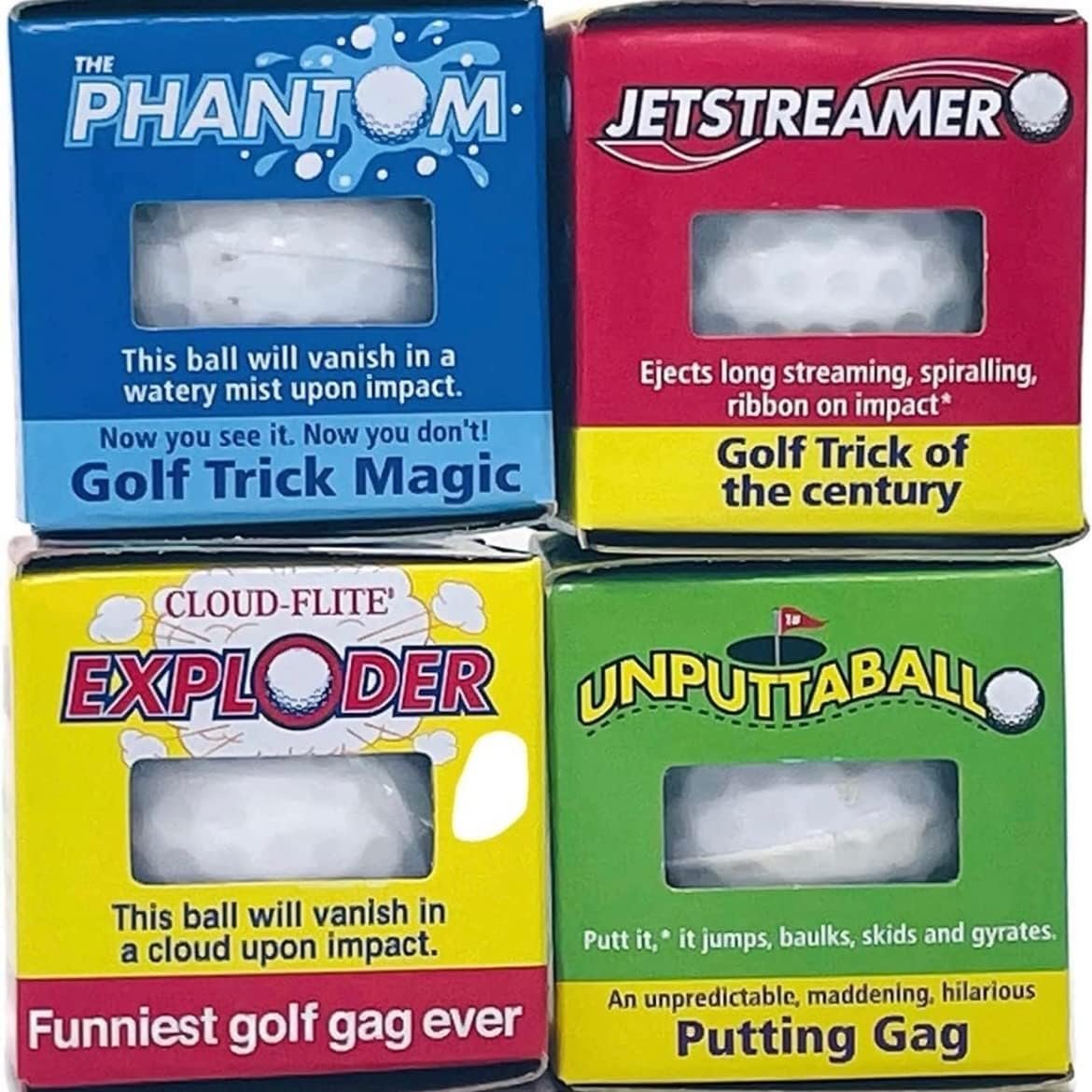 Exploding Golf Balls (4 Pack) – 1 burst into a Cloud of White Smoke, 1 Water, 1 streaming Ribbon, 1 jumps & slides when putted - funny Golf Gag Gift 1 Exploding Golf Balls (4 Pack) – 1 burst into a Cloud of White Smoke, 1 Water, 1 streaming Ribbon, 1 jumps & slides when putted - funny Golf Gag Gift