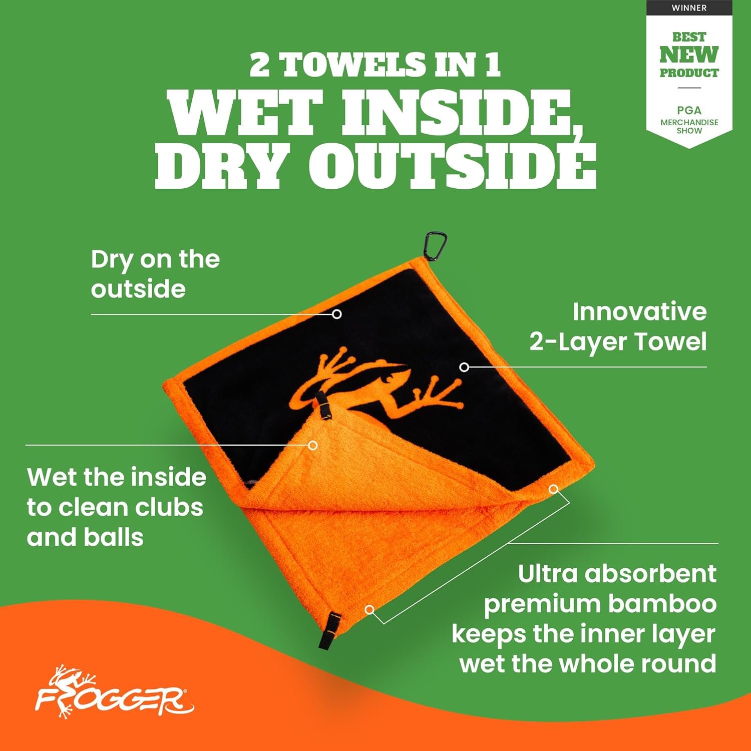 Frogger Amphibian 2-in-1 Golf Towel with Wet and Dry Technology, Black/Grey, Premium Golf Bag Accessory with Carabiner Clip, Ultra Absorbent, for Golf Dads 2 Frogger Amphibian 2-in-1 Golf Towel with Wet and Dry Technology, Black/Grey, Premium Golf Bag Accessory with Carabiner Clip, Ultra Absorbent, for Golf Dads - Image 2