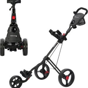 Golf Cart Series: 3-Wheel Folding Push Carts in Black, White, Green, and Red. Lightweight with Cup Holders, scorecard Holders, and Storage, Perfect for Golf Clubs and Bags.