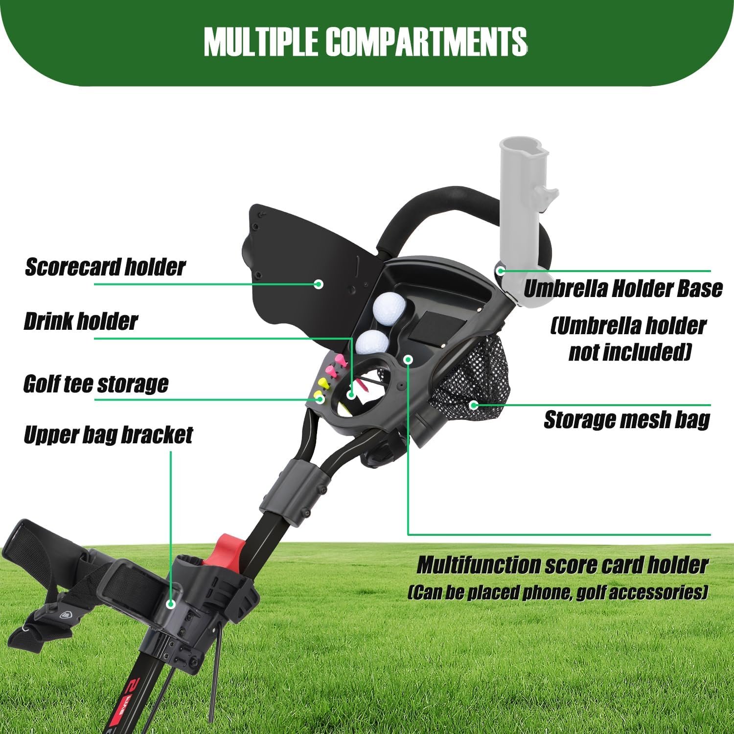 Golf Cart Series: 3-Wheel Folding Push Carts in Black, White, Green, and Red. Lightweight with Cup Holders, scorecard Holders, and Storage, Perfect for Golf Clubs and Bags. 2 Golf Cart Series: 3-Wheel Folding Push Carts in Black, White, Green, and Red. Lightweight with Cup Holders, scorecard Holders, and Storage, Perfect for Golf Clubs and Bags. - Image 2
