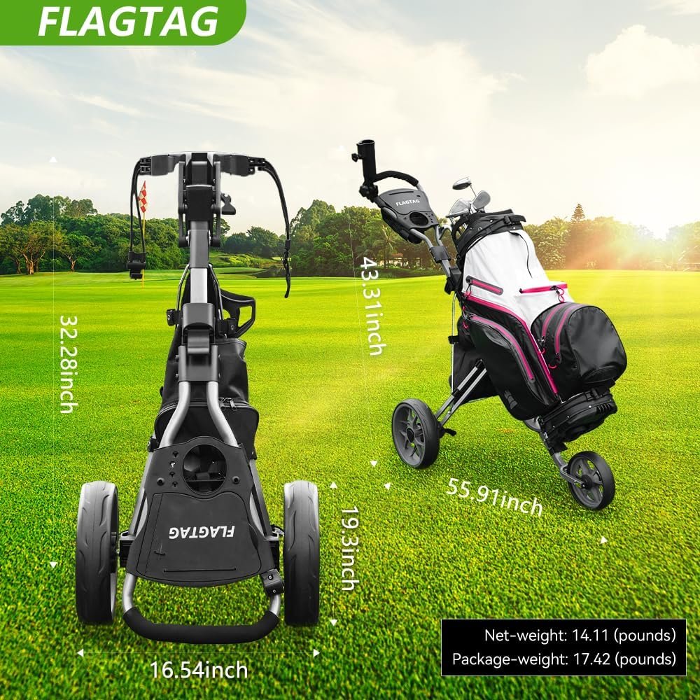 Golf Push Cart 3 Wheel, Folding Golf Cart with Foot Brake,Cooler Bag, Umbrella Holder, Cup Holder, Storage Compartment 2 Golf Push Cart 3 Wheel, Folding Golf Cart with Foot Brake,Cooler Bag, Umbrella Holder, Cup Holder, Storage Compartment - Image 2