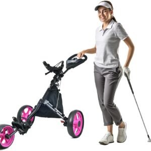 Golf Push Cart 3 Wheel - JAD Pro Golf Ladies Pushcart for Women Golfers, Super Lightweight Deluxe Easy to Fold Collapsible Golf Pull Cart