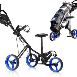 Golf Push Carts 3 Wheel Folding-Collapsible Lightweight Push Cart with Seat for Golf Clubs, Foot Brake/Umbrella Holder- 4 Height Position Handle