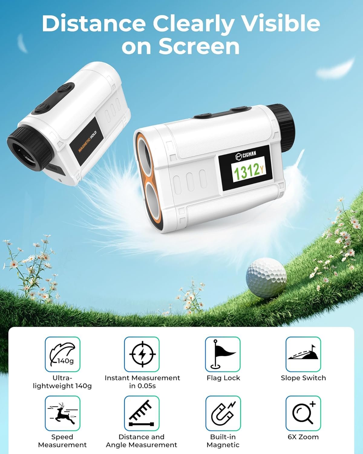 Golf Rangefinder with Slope, CIGMAN 1312 Yards Range Finder Golf, External Color Display, Flag Lock Vibration, 6X Magnification, Rechargeable Laser Range Finder with Magnetic, Ideal Golf Accessories 2 Golf Rangefinder with Slope, CIGMAN 1312 Yards Range Finder Golf, External Color Display, Flag Lock Vibration, 6X Magnification, Rechargeable Laser Range Finder with Magnetic, Ideal Golf Accessories - Image 2