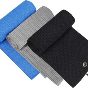 Golf Towel, 3 Pack Microfiber Golf Towels (16"x16") for Golf Bag with Carabiner Clip, Tri-fold Waffle Pattern Golf Towel, Blue, Black and Gray