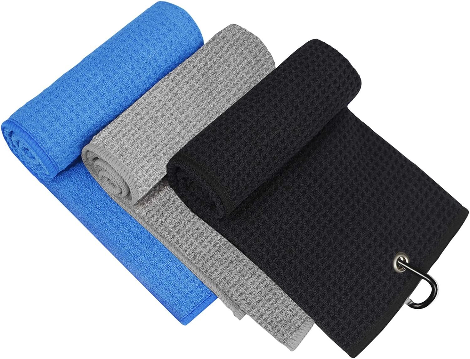 Golf Towel, 3 Pack Microfiber Golf Towels (16"x16") for Golf Bag with Carabiner Clip, Tri-fold Waffle Pattern Golf Towel, Blue, Black and Gray 1 Golf Towel, 3 Pack Microfiber Golf Towels (16"x16") for Golf Bag with Carabiner Clip, Tri-fold Waffle Pattern Golf Towel, Blue, Black and Gray