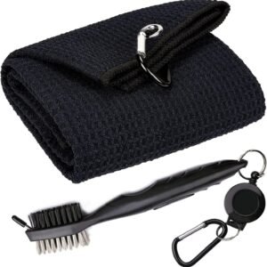 Golf Towels, Microfiber Waffle Pattern Tri-fold Golf Towel - Brush Tool Kit with Club Groove Cleaner, with Clip Men Women Golf Gifts (Black Towel+Black Brush)