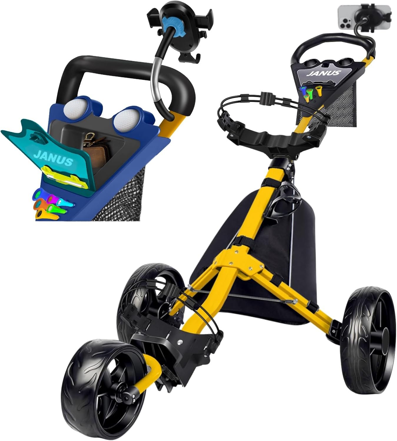 JANUS Golf Cart, Golf Bag cart, Foldable Golf Push cart,Golf Pull cart,3 Wheel Golf Push carts,with Gooseneck Phone Holder 1 JANUS Golf Cart, Golf Bag cart, Foldable Golf Push cart,Golf Pull cart,3 Wheel Golf Push carts,with Gooseneck Phone Holder