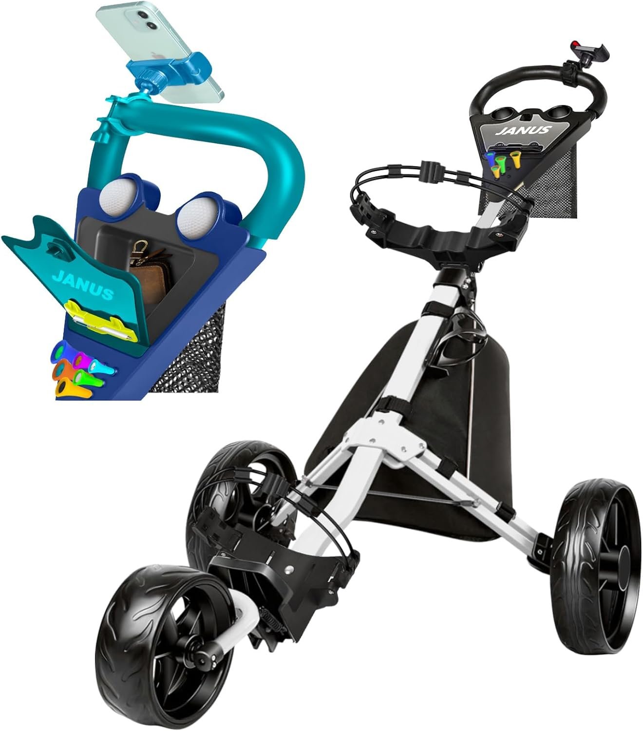 JANUS Golf Cart, Foldable Golf Push Cart, Golf Bag Cart, Fits Golf Stand Bag and Golf Cart Bags, Golf Caddy Cart with Optional Large Wing or Small Wing, Includes Ice Bag 1 JANUS Golf cart, Foldable Golf Push cart, Golf Bag cart, Golf Pull cart with Phone Holder and Storage Bag. Golf Caddy had Large Wing or Small Wing, can be Suitable for Golf Bags of Different Sizes.