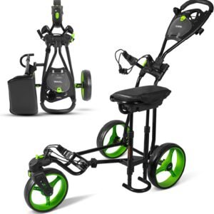 JOVIAL 3-Wheel Golf Push/Pull Cart with Built-in Seat – Lightweight, Foldable, Collapsible Steel Frame, Heavy-Duty Wheels, Golf Caddy Accessories, Supports Up to 33 Pounds Load Capacity
