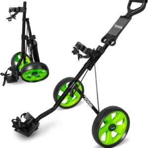 Jovial 2 Wheel Collapsible Junior Golf Cart, Upper and Lower Brackets with Elastic Strap, Simple Quick Braking System, New Deluxe Scorecard and Bag Holder, Black,Green (JOVGF52)