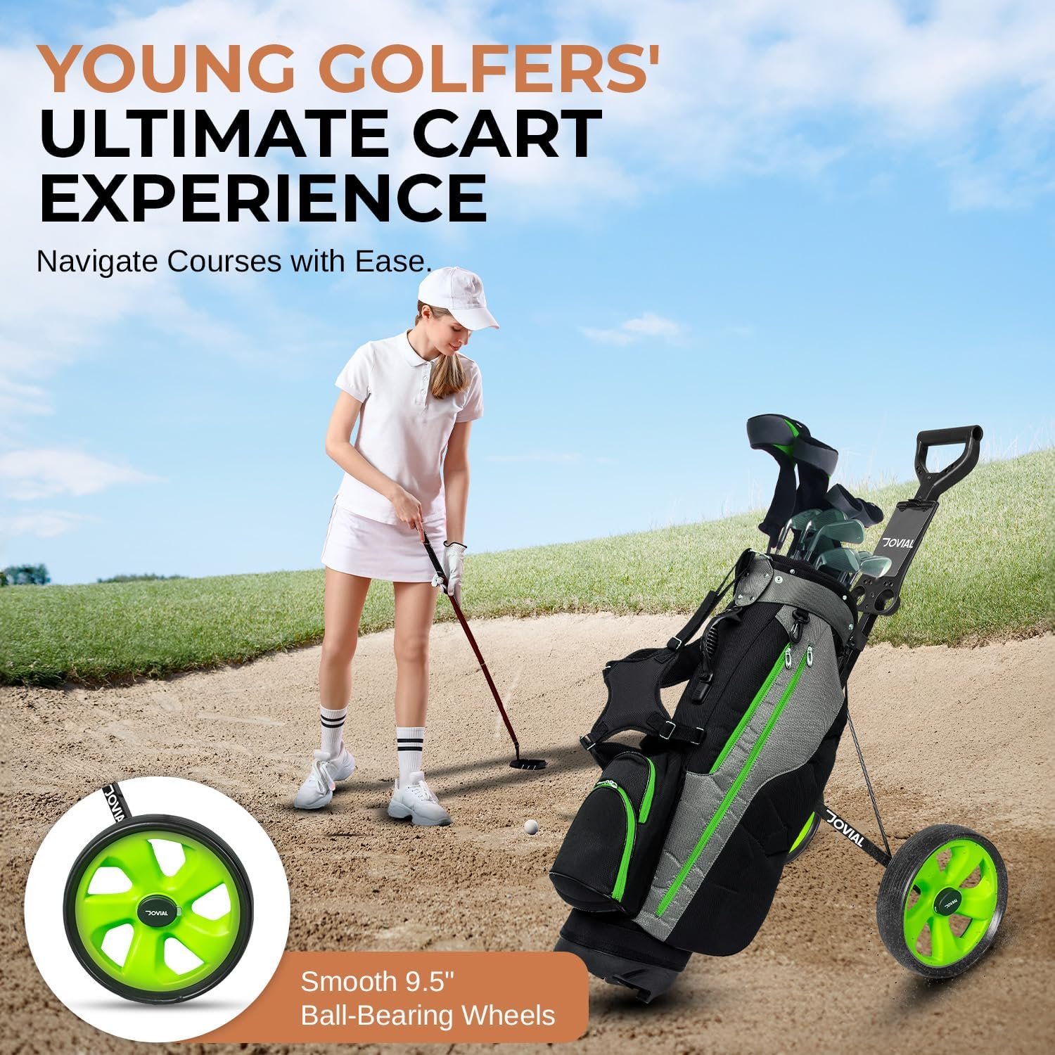 Jovial 2 Wheel Collapsible Junior Golf Cart, Upper and Lower Brackets with Elastic Strap, Simple Quick Braking System, New Deluxe Scorecard and Bag Holder, Black,Green (JOVGF52) 2 Jovial 2 Wheel Collapsible Junior Golf Cart, Upper and Lower Brackets with Elastic Strap, Simple Quick Braking System, New Deluxe Scorecard and Bag Holder, Black,Green (JOVGF52) - Image 2