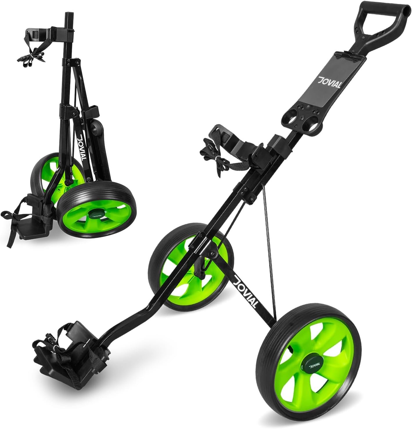 Jovial 2 Wheel Collapsible Junior Golf Cart, Upper and Lower Brackets with Elastic Strap, Simple Quick Braking System, New Deluxe Scorecard and Bag Holder, Black,Green (JOVGF52) 1 Jovial 2 Wheel Collapsible Junior Golf Cart, Upper and Lower Brackets with Elastic Strap, Simple Quick Braking System, New Deluxe Scorecard and Bag Holder, Black,Green (JOVGF52)