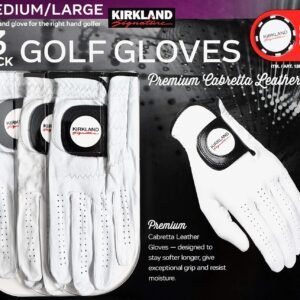 Kirkland Signature Men's Golf Gloves Premium Cabretta Leather, Medium/Large, 3 Pack