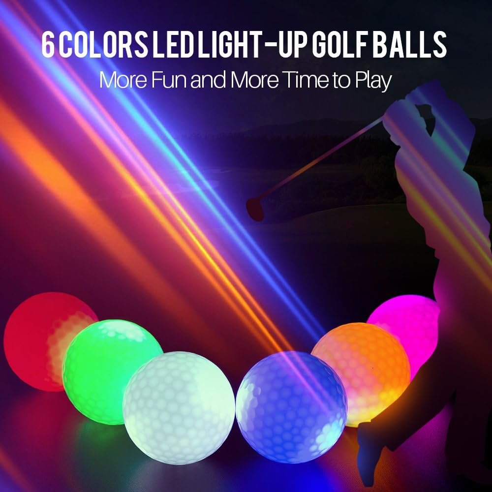 LED Light up Golf Balls, Glow in The Dark Night Golf Balls - Multi Colors of Blue, Orange, Red, White, Green, Pink - Pack of 6 2 LED Light up Golf Balls, Glow in The Dark Night Golf Balls - Multi Colors of Blue, Orange, Red, White, Green, Pink - Pack of 6 - Image 2