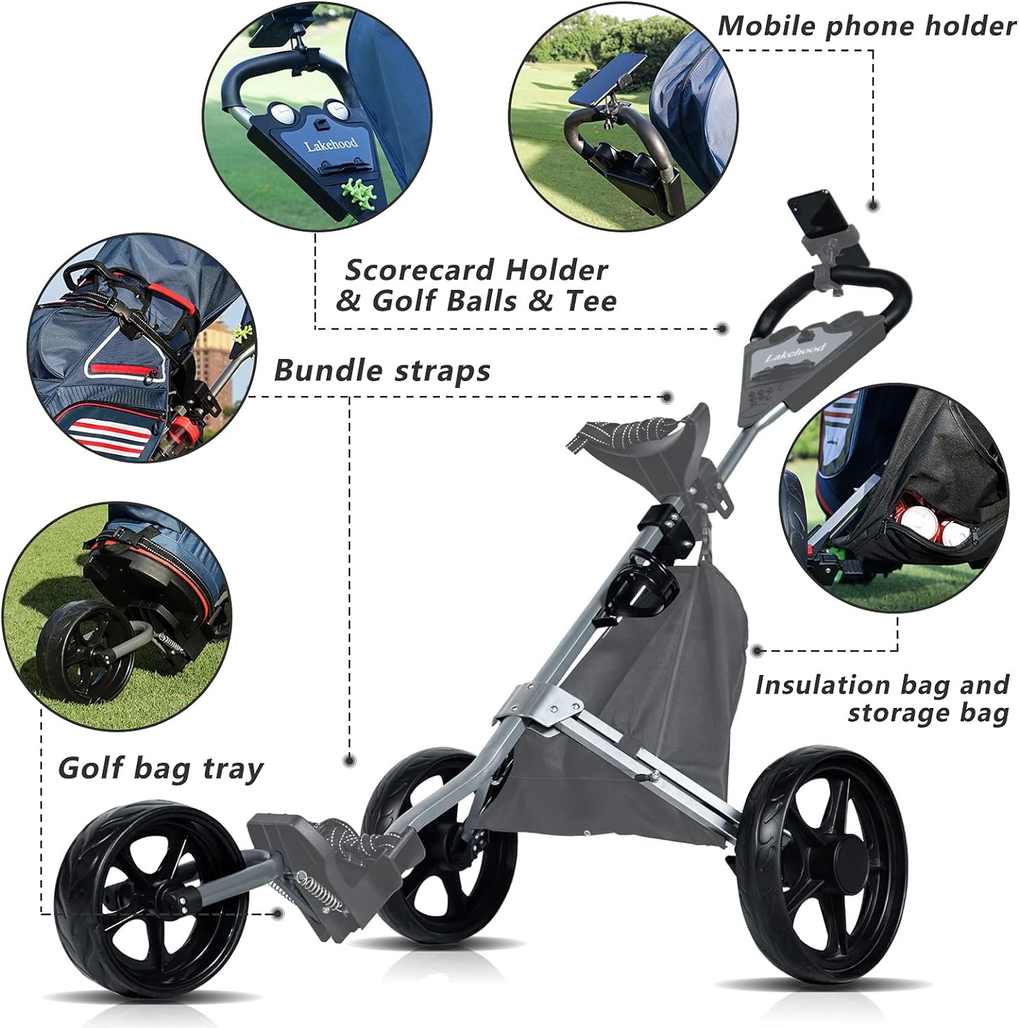 Lakehood Golf Push Cart, Golf Pull Cart for Golf Clubs and Golf Bag, Golf Push Carts Three Wheel Easy to Folding Scorecard Holder with Mobile Phone Holder Storage Bag Golf Carts 2 Lakehood Golf Push Cart, Golf Pull Cart for Golf Clubs and Golf Bag, Golf Push Carts Three Wheel Easy to Folding Scorecard Holder with Mobile Phone Holder Storage Bag Golf Carts - Image 2
