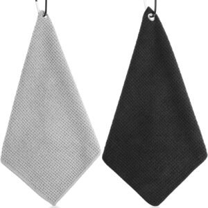 Lusofie 2pcs Absorbent Microfiber Golf Towel, Golf Bag Towel with Carabiner Clip, Waffle Pattern Golf Towel for Cleaning Golf Clubs Irons Putters(Black, Gold)