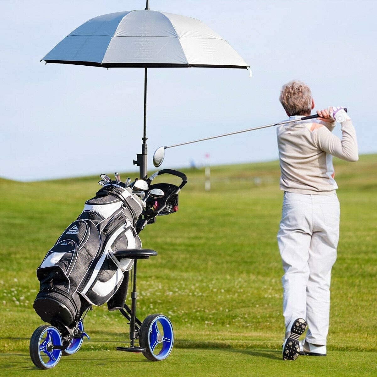 MEDIMALL Mayjooy 3 Wheel Golf Push Cart, Folding Golf Trolley w/Removable Stool, Adjustable Handle & Umbrella Holder, Lightweight Golf Push Cart w/Foot Brake, Cup Holder & Scoreboard Bag (Navy) 2 MEDIMALL Mayjooy 3 Wheel Golf Push Cart, Folding Golf Trolley w/Removable Stool, Adjustable Handle & Umbrella Holder, Lightweight Golf Push Cart w/Foot Brake, Cup Holder & Scoreboard Bag (Navy) - Image 2
