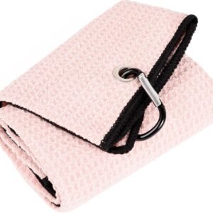 Mile High Life Microfiber Golf Towel, 16" X 24", Waffle Pattern Design with Carabiner Clip, Super Absorbent, Tri-fold Large Golf Ball Towels, Golf Bag Accessories for Men and Women, Golf Gift（Pink）