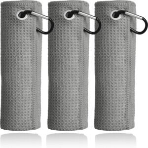 Mile High Life Microfiber Golf Towel 3 Pack, 16" X 16", Waffle Pattern Design with Carabiner Clip, Super Absorbent, Small Golf Ball Towels, Golf Bag Accessories for Men and Women, Golf Gift（Gray）