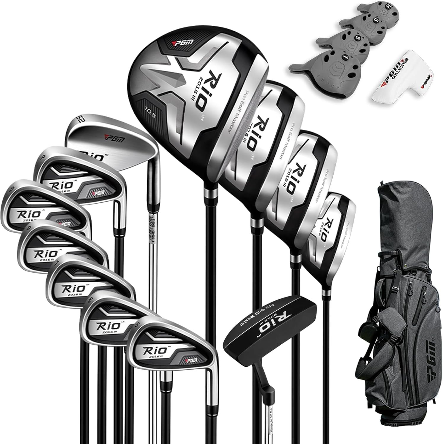 PGM Men's Complete Golf Club Sets - 12 Pieces - 3 Wood (#1,3,5), 1 Hybrid (#4H), 6 Irons(#5,6,7,8,9,PW), 1 Sand Wedge (52°), 1 Putter - Golf Stand Bag - Titanium Club Head, Graptlite Shaft 1 PGM Men's Complete Golf Club Sets - 12 Pieces - 3 Wood (#1,3,5), 1 Hybrid (#4H), 6 Irons(#5,6,7,8,9,PW), 1 Sand Wedge (52°), 1 Putter - Golf Stand Bag - Titanium Club Head, Graptlite Shaft