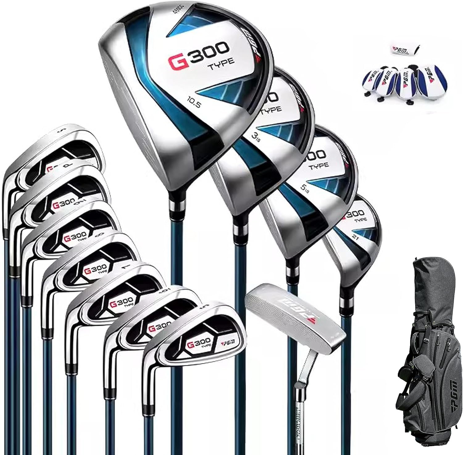 PGM Men's G300 Type 9/12 Pieces Complete Golf Club Set - Titanium #1 Driver, Draw-Biased Hybrid, High-Strength Stainless Steel Iron Set, High Forgiveness Putter, with Stand Bag 1 PGM Men's G300 Type 9/12 Pieces Complete Golf Club Set - Titanium #1 Driver, Draw-Biased Hybrid, High-Strength Stainless Steel Iron Set, High Forgiveness Putter, with Stand Bag