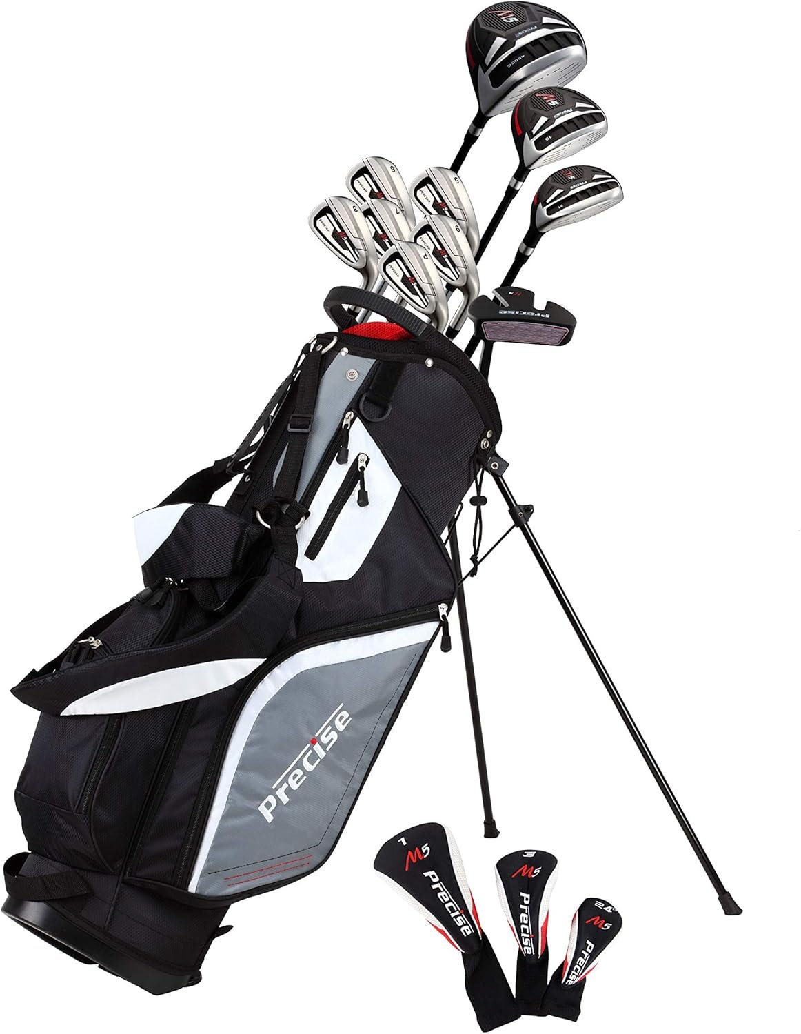 Precise M5 Men's Complete Golf Clubs Package Set Includes Titanium Driver, S.S. Fairway, S.S. Hybrid, S.S. 5-PW Irons, Putter, Stand Bag, 3 H/C's 1 Precise M5 Men's Complete Golf Clubs Package Set Includes Titanium Driver, S.S. Fairway, S.S. Hybrid, S.S. 5-PW Irons, Putter, Stand Bag, 3 H/C's