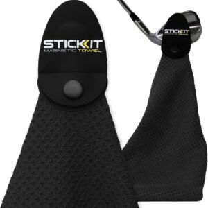 STICKIT Magnetic Towel, Black | Top-Tier Microfiber Golf Towel with Deep Waffle Pockets | Industrial Strength Magnet for Strong Hold to Golf Carts or Clubs
