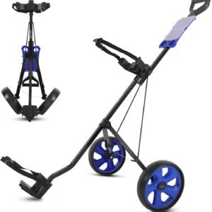 SereneLife 2-Wheel Golf Push Cart - Lightweight Folding Walking Roller Trolley Bag Storage, Upper & Lower Bracket w/Elastic Strap, Foam Handle Grip, Scorecard Holder, 9.5" Rear Wheels, 33Lb Max Load