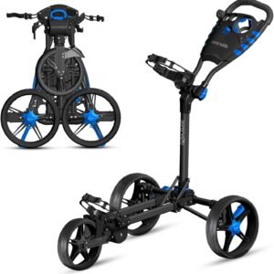 SereneLife 3 Wheel Golf Push Cart – Lightweight, Foldable, Collapsible, Adjustable Handle, Golf Caddy Accessories, Built-In Cooler Storage/ Scorecard/ Cup Holders, Compact for Travel