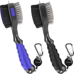 THIODOON 2 Pack Golf Club Brushes and Groove Cleaner 2 ft Retractable Zipline Carabiner Golf Brush Head with Retractable Spike Comfortable Grip Golf Club Cleaner