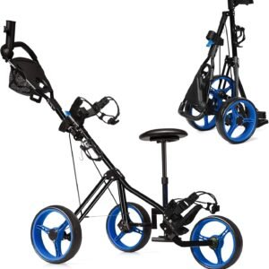 Tangkula Foldable Collapsible 3 Wheels Golf Push Cart with Seat, Foot Brake, Adjustable Umbrella Holder & Seat, 4 Height Position Handle
