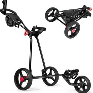 Tangkula Golf Push Cart, Lightweight Collapsible Golf Pull Cart, 3 Wheels Golf Trolley with Foot Brake Umbrella Holder & Cup Holder, Adjustable Handle and Storage Bag