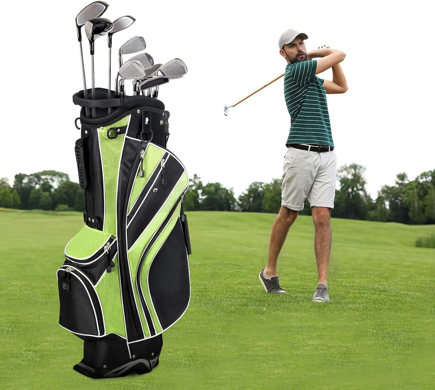 Tangkula Golf Stand Bag with 6 Way Top Dividers, Lightweight Golf Bag with Adjustable Dual Strap & 8 Pockets, Waterproof Rain Hood, Portable for Men Women 2 Tangkula Golf Stand Bag with 6 Way Top Dividers, Lightweight Golf Bag with Adjustable Dual Strap & 8 Pockets, Waterproof Rain Hood, Portable for Men Women - Image 2