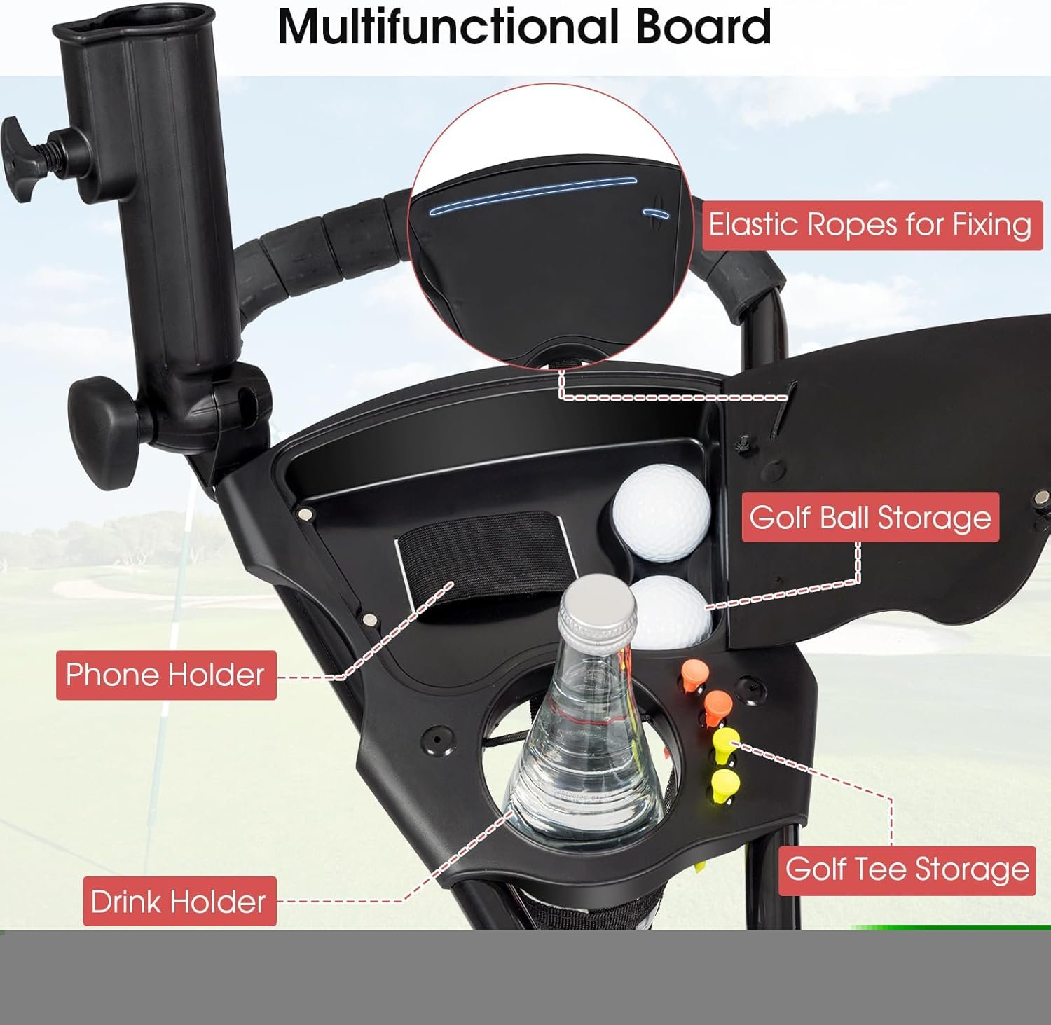 Tangkula Lightweight Aluminum Collapsible 3 Wheels Golf Push Cart with Elastic Strap, Umbrella & Cup Holder, Scoreboard Storage & Foot Brake 2 Tangkula Lightweight Aluminum Collapsible 3 Wheels Golf Push Cart with Elastic Strap, Umbrella & Cup Holder, Scoreboard Storage & Foot Brake - Image 2