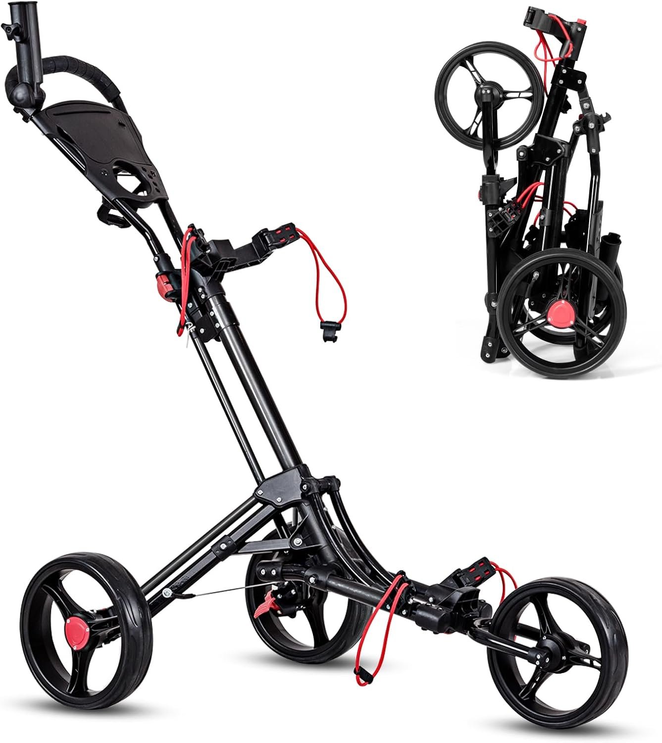 Tangkula Lightweight Aluminum Collapsible 3 Wheels Golf Push Cart with Elastic Strap, Umbrella & Cup Holder, Scoreboard Storage & Foot Brake 1 Tangkula Lightweight Aluminum Collapsible 3 Wheels Golf Push Cart with Elastic Strap, Umbrella & Cup Holder, Scoreboard Storage & Foot Brake