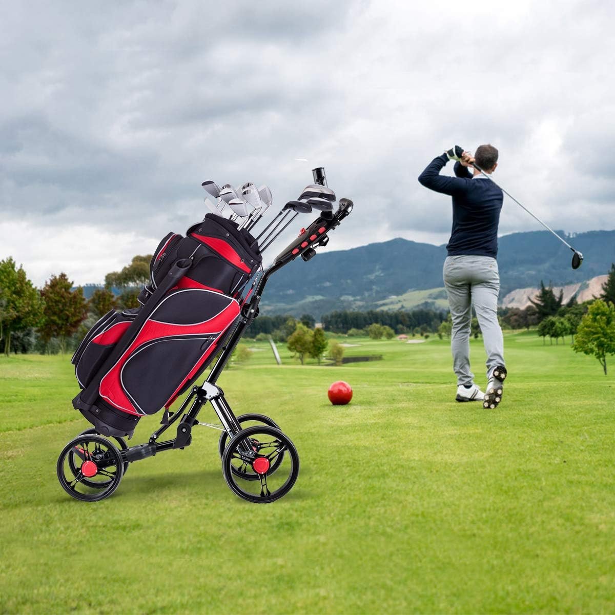 Tangkula Lightweight Aluminum Collapsible 4 Wheels Push Cart, Golf Trolley with Foot Brake, Height-Adjustable Handle 2 Tangkula Lightweight Aluminum Collapsible 4 Wheels Push Cart, Golf Trolley with Foot Brake, Height-Adjustable Handle - Image 2