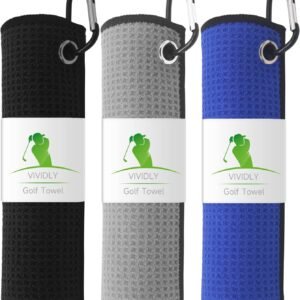 VIVIDLY 3 Pack Golf Towels (16" X 16"), Microfiber Waffle Pattern Golf Towel with Carabiner Clip, Suitable for Men's Golf Gifts (Black/Grey/Blue)