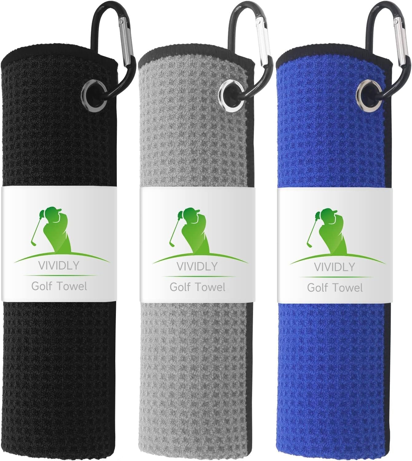VIVIDLY 3 Pack Golf Towels (16" X 16"), Microfiber Waffle Pattern Golf Towel with Carabiner Clip, Suitable for Men's Golf Gifts (Black/Grey/Blue) 1 VIVIDLY 3 Pack Golf Towels (16" X 16"), Microfiber Waffle Pattern Golf Towel with Carabiner Clip, Suitable for Men's Golf Gifts (Black/Grey/Blue)